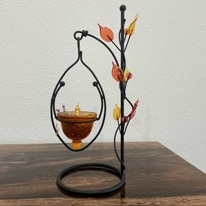 Elegant Steel Candle Holder with Basket and Leaf Decor - 11" Tall